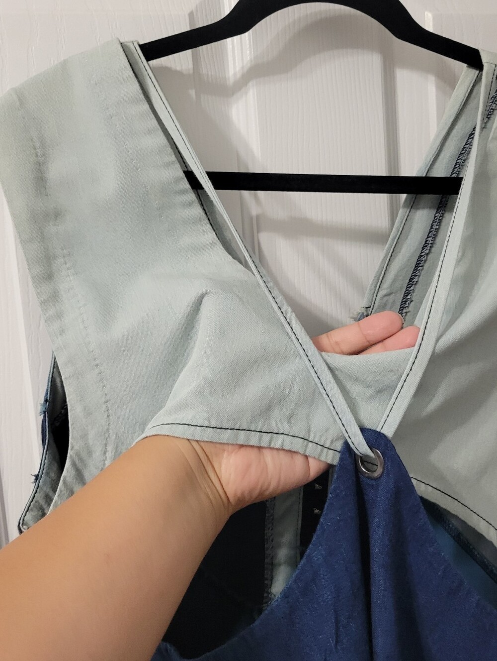 Free People Sleeveless V-Neck Colorblock Denim Dress in Mint and Blue Shades - Picture 10 of 13